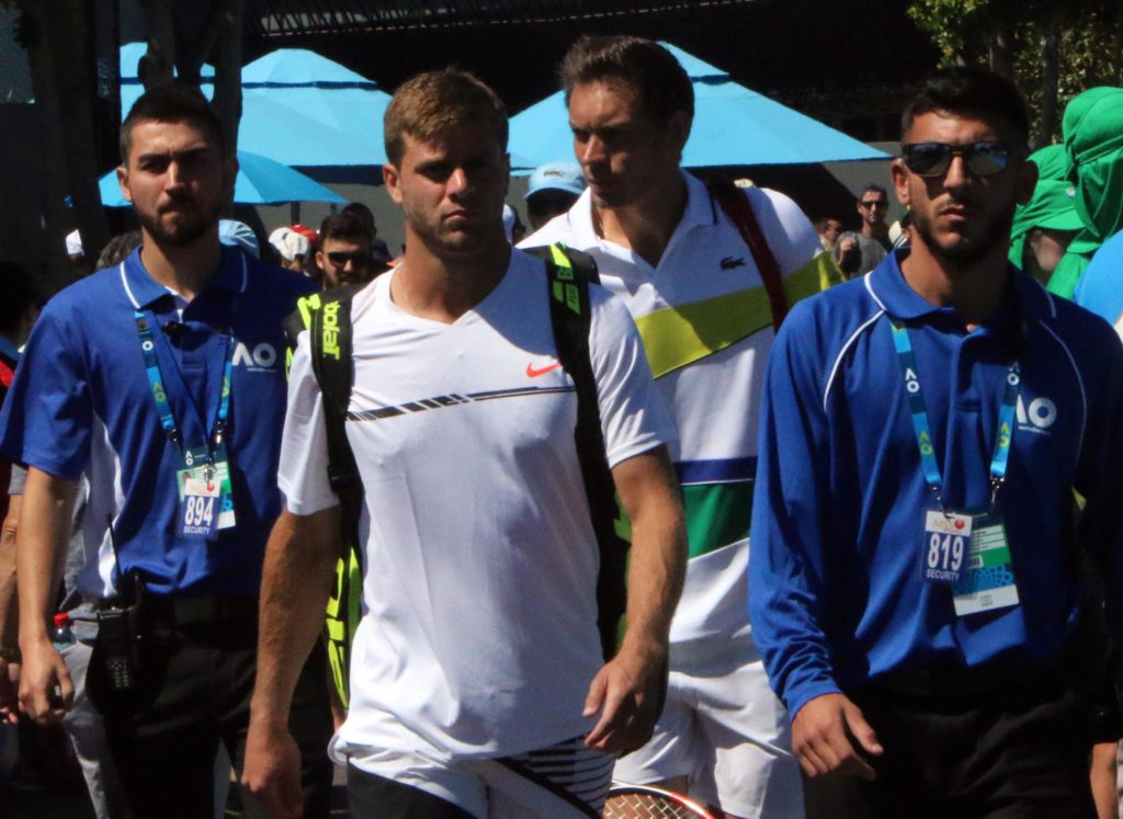 Ryan Harrison and Nicholas Mahut security walk Jan 16 2017 Australian Open