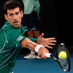 Novak Djokovic reaching out for a backhand hit