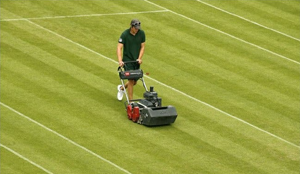 Figure mowing tennis court grass