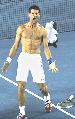Tennis player with no shirt on court yelling